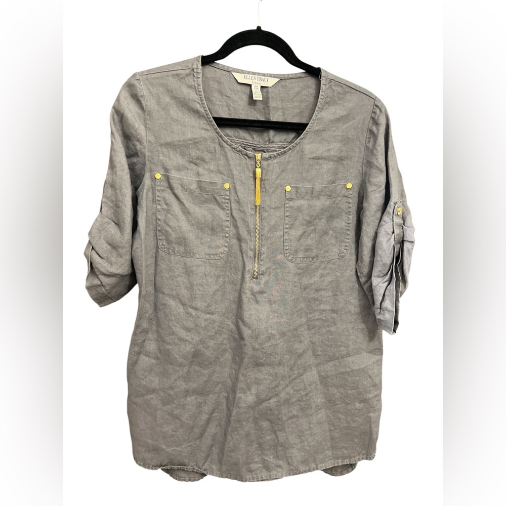 Sold Ellen Tracy Gray Linen Blouse with Zip Detail Size M